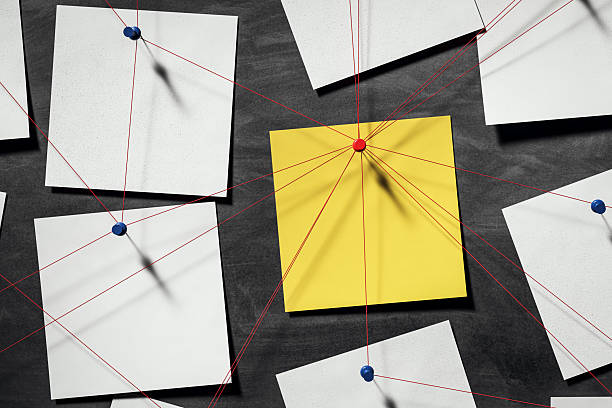 Abstract detective investigation wall with red strings connecting white and yellow notes pinned on dark office background in conceptual closeup layout. 3D Rendering
