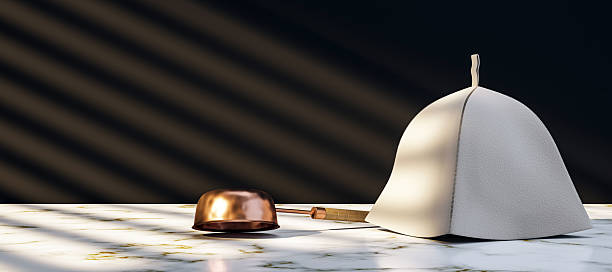 Sauna hat and copper ladle on marble surface with striped shadow background in warm light ambiance. 3D Rendering