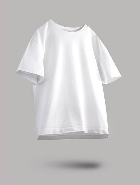 istock White loose t-shirt isolated on grey background with shadow flying. Empty logo space, advertisement blank. 2219144811