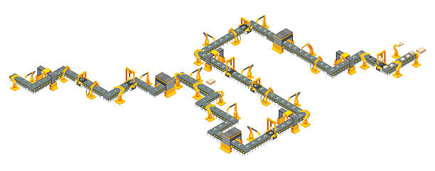 istock Automated assembly line with robotic arms. Factory with conveyor. Vector illustration 2219146139