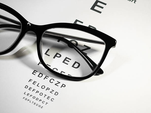 istock Corrective glasses lie on the Snellen chart for eye examination, optometrist 2219146317