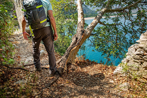 Man walking next to sandalwood tree on historical path on Mount Olympus