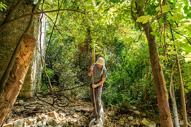 Passing through the tree that fell into the historical water stream in Mount Olympos