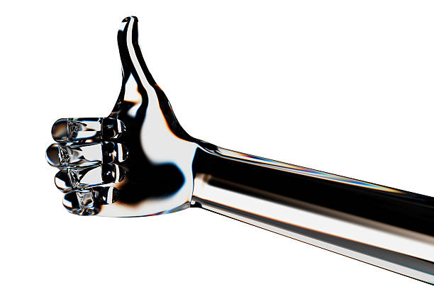 Glass android hand showing thumb up or like gesture. Isolated AI or automated concept. 3d rendering