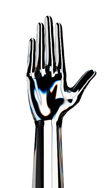 istock Reflection glass android hand stop gesture. Isolated AI or automated concept. 3d rendering 2219154843