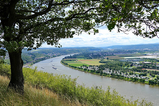 Large barges carrying cargo on the river rhine in Germany.