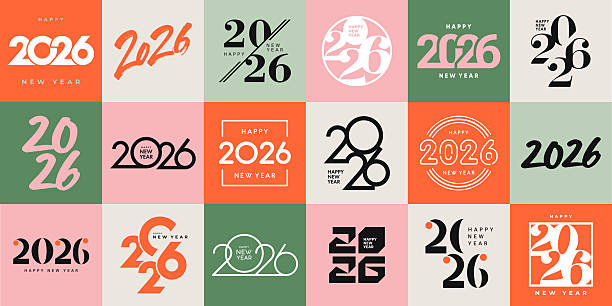 großes set von 2026 frohes neues jahr logo text design. 2026 zahlendesign-vorlage. sammlung von symbolen für das frohe neue jahr 2026. vektorillustration mit beschriftungen isoliert auf buntem hintergrund. - neujahrsgruß 2026 stock-grafiken, -clipart, -cartoons und -symbole