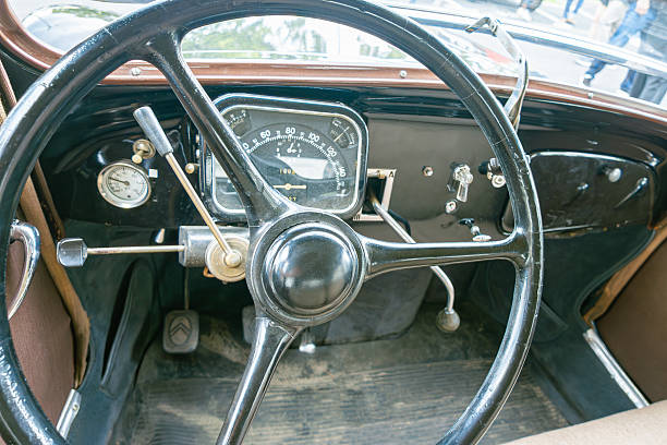 istock Vintage car dashboard with classic steering wheel and analog speedometer 2219163684