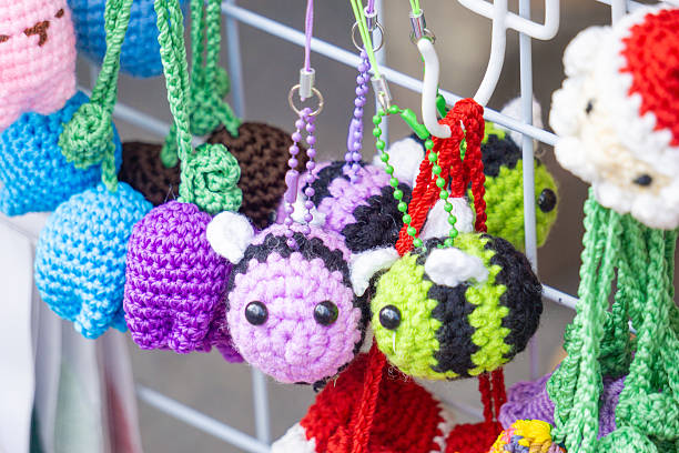 istock Keychain crafts made from knitting yarn hanging on display 2219167077