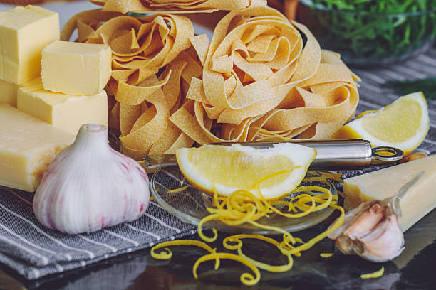 Ingredients of lemon-garlic tagliatelle