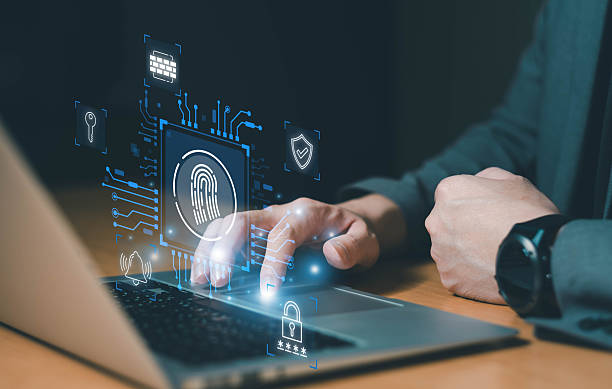 istock Business person using fingerprint sensor as biometric identification to login as username and password and access through security and network firewall. Technology digital cyber threat prevention. 2219172015