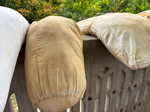 istock Old Pillows Drying on Balcony Railing in Sunlight Realistic Domestic Scene 2219176765