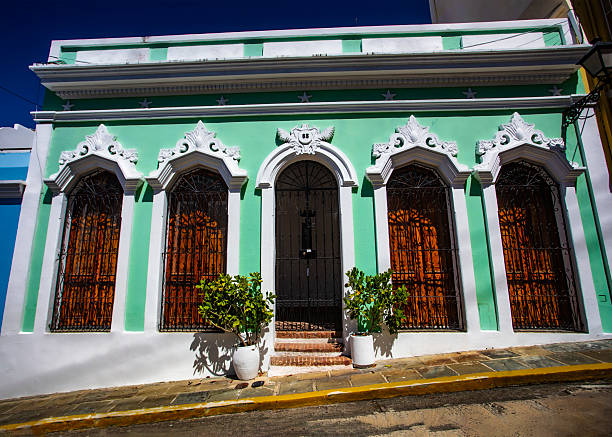 Preserved colorful houses with balconies at the colonial zone of Puerto Cabello, Carabobo State, Venezuela.