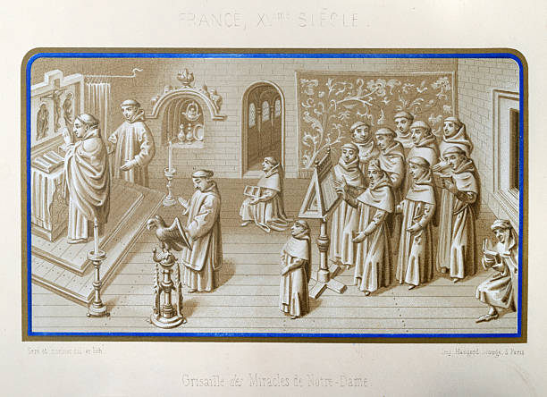 Medieval religion, Monks at Mass, Grisaille des Miracles de Notre-Dame, French 15th Century, Vintage illustration