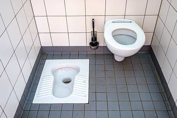 istock Unique restroom setup featuring a standard toilet and a squat toilet in a tiled space during daytime 2219192026