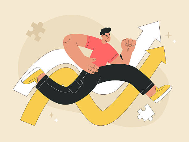 istock Young man running to his goal on big arrow, 2219194292