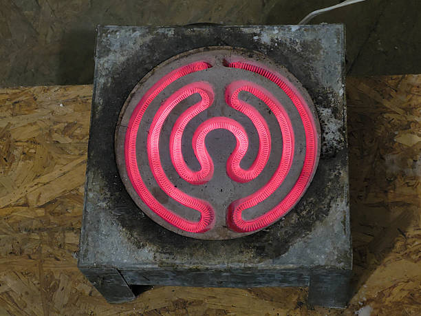 An old spiral electric stove with a red-hot heating element.