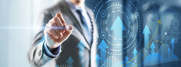 istock Growth arrow up and progress success business skill increase improvement graph on market profit stock background 2219201182