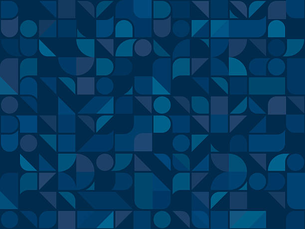 Seamless dark blue Bauhaus mid-century abstract vector shapes and circles background illustration for use as background template for business documents, cards, flyers, banners, advertising, brochures, posters, digital presentations, slideshows, PowerPoint, websites
