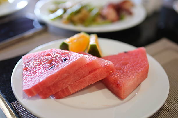 Freshly Watermelon And Melon Cube Diced On A Tray. Fruit Menu.