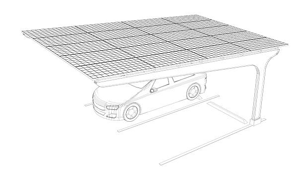 Parking lot featuring solar power panels to shade cars and provide power.