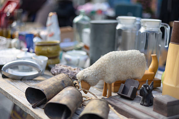 A variety of vintage stuffs on a flea market - selective focus on front