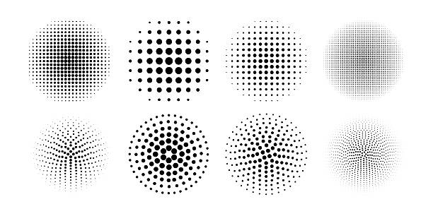 Set of dotted circles with halftone fade effect. Round shapes with polka dot pattern isolated on white background. Circular design elements with spotted texture. Vector graphic illustration.
