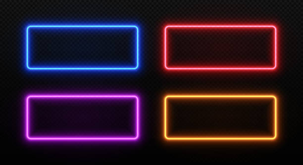 ilustraciones, imágenes clip art, dibujos animados e iconos de stock de marco rectangular de neón claro. borde led luminoso. - iluminación de neón