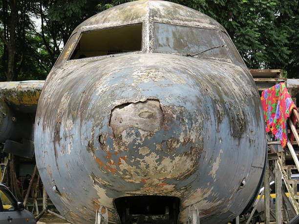 The Cockpit of a rusting old plane in Yangon, Myanmar