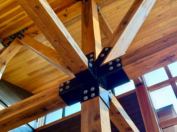 istock Wooden Timber home structure. Pine laminated timbers 2219235650