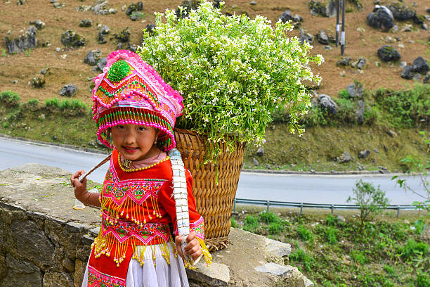 Chinese New Year, Chinese girl wearing ethnic minority costumes in an ancient village