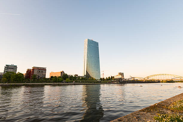 Frankfurt ECB tower building of the European Central Bank next to the Main river. The modern skyscraper landmark during evening time. Office building architecture in FFM.