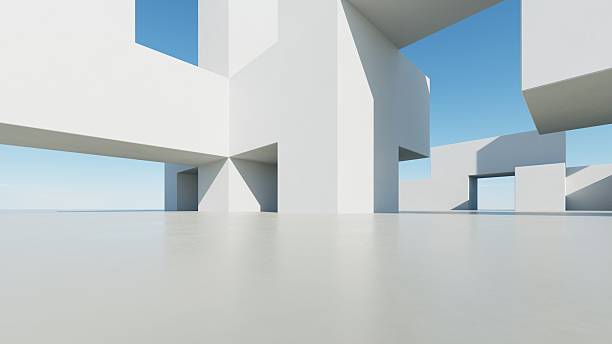 istock 3d illustration of abstract modern architecture background, Minimal geometry architectural design, Car presentation backdrop with empty concrete floor, Geometric white blocks building design 2219256099