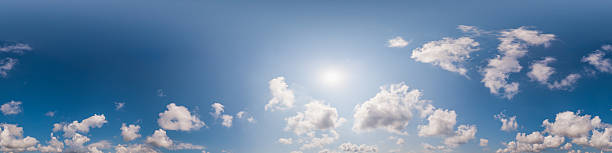 istock Sky 360 panorama - Bright blue sky filled with fluffy white Cumulus clouds. Seamless hdr spherical 360 panorama. Sky dome, sky replacement for aerial drone 360 panoramas. Weather and climate change 2219259751