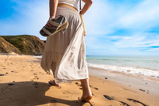 istock Middle aged woman walking barefoot towards cliffs on sandy beach during holidays on spring day. Arrifana Praia, Portugal. Back view, close-up of lower part of silhouette 2219259884