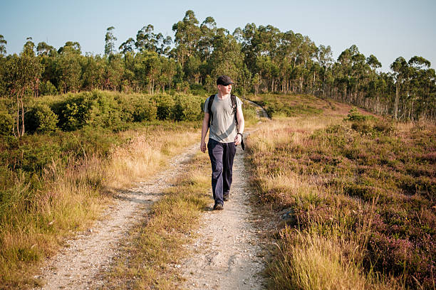 Man enjoying a peaceful hike in nature, surrounded by lush greenery and fresh air