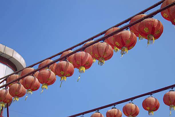 istock Chinese Red Lanterns Hanging Under Clear Blue Sky. Festival Decorations 2219266809