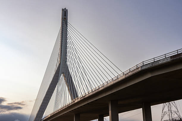 View of well known north Wales road bridge with steel cables fanning out from concrete Y shaped pier