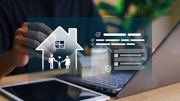 Digital home insurance interface showing house icon, family figures, checklist, and policy documents. Ideal for financial planning, real estate, and insurance technology themes.