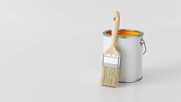 istock Paint Can with orange paint and Paintbrush on white background - Renovation concept - 3d rendering 2219267930