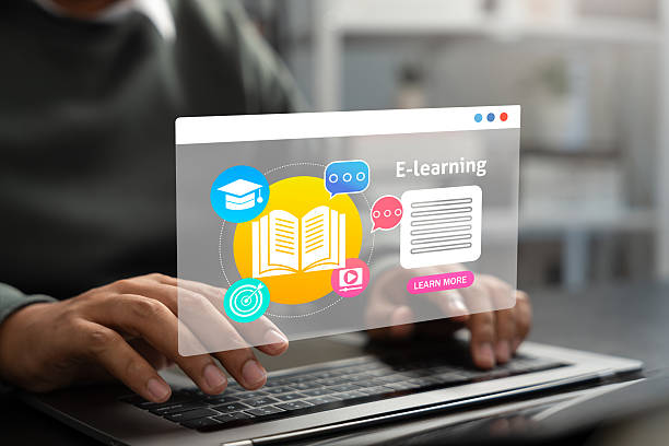 istock Person engages in E-learning using laptop with educational icons, representing digital education,virtual classroom,Modern distance learning powered by online platforms and interactive technology tools 2219269503