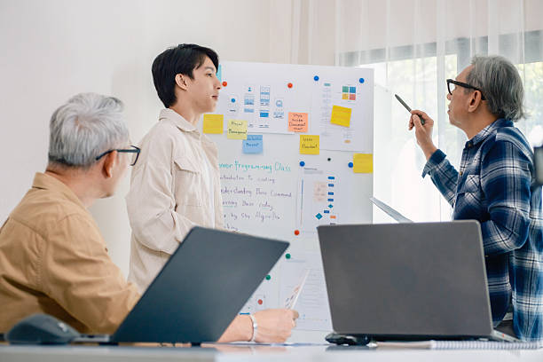 istock senior programmer bootcamlp,Asian young instructor guides senior learners through a programming on whiteboard, highlighting algorithm thinking and simple code exercises 2219270609