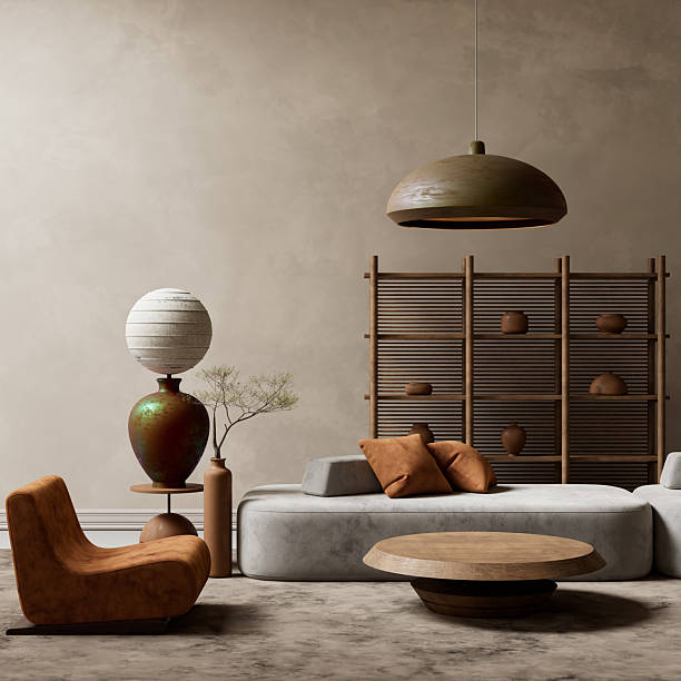 istock A serene living room styled with earthy tones and minimalist elements. 3D illustration 2219272243