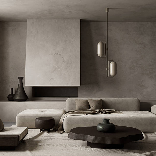 istock Brutalist living room with softened edges. 3D illustration 2219272286