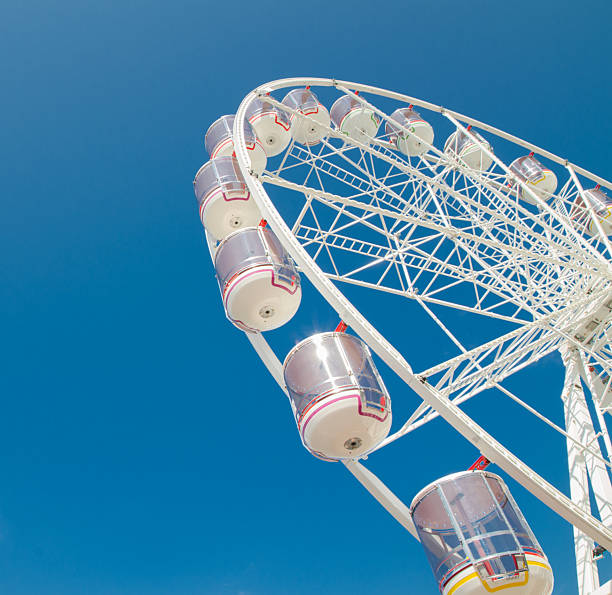 istock White Ferris wheel isolated on blue sky at the background. 2219276503