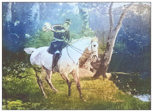 Antique famous painting from the 19th century: Huntsman blowing the retreat from the water by Paul Tavernier