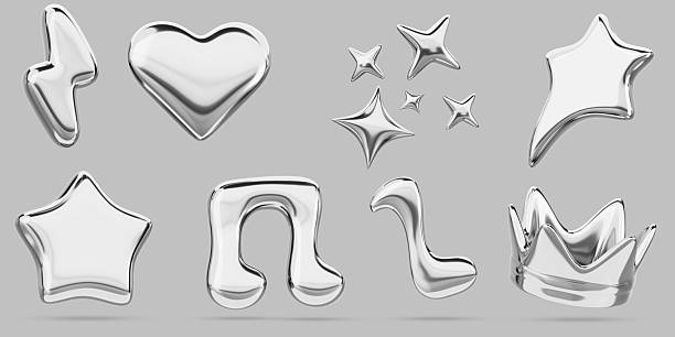 istock 3d metal liquid chrome y2k abstract shape set. Silver inflatable elements in retro futuristic style. Heart, crown, lightning bolt, stars and music notes isolated on gray background 2219277054