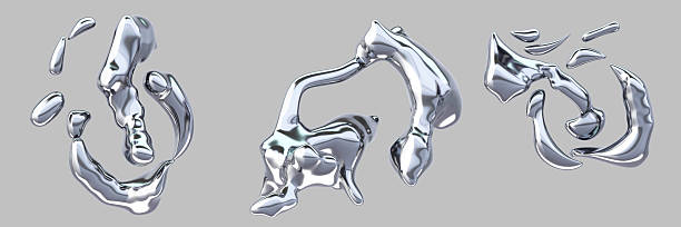 3d metal chrome liquid y2k shapes. Abstract fluid silver elements, mercury drops and splash flow. Glossy platinum blobs, curve wave forms with blue gradient, isolated render icon set. 3D illustration