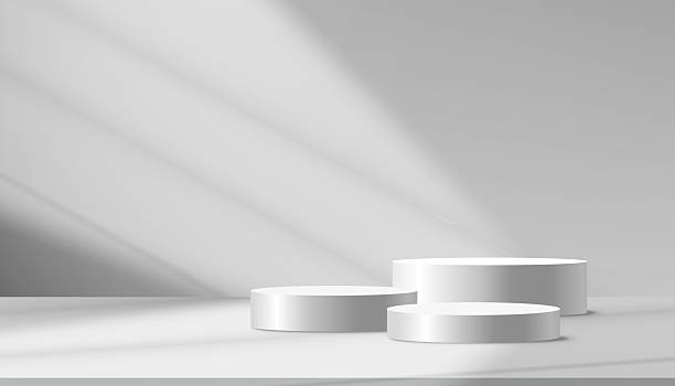 istock White Background with Light,Shadow on 3d Grey Round Podium Display for Cosmetic Product Design Banner,Vector Abstract minimalist stage mockup of pedestal platform with white wall interior studio 2219282036