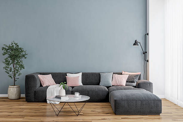 istock Modern interior: a living/waiting room with a sofa, coffee table, gray accent wall background and decoration 2219283375